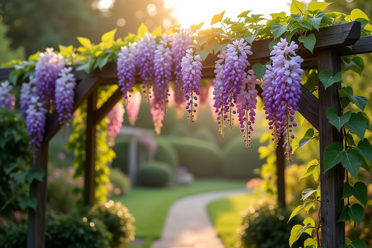 Vigne de glycine en fleurs sur treillis en jardin tranquille