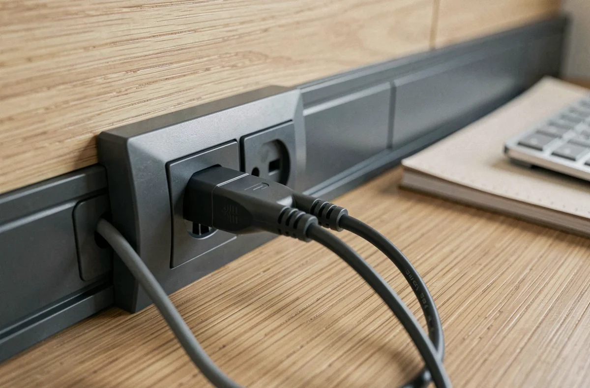 Goulotte design gris anthracite avec double prise intégrée sur bureau en bois clair dans un espace de travail à domicile