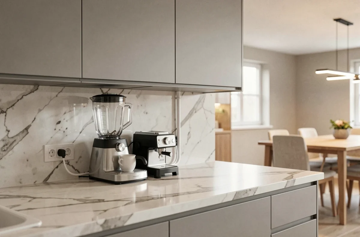 Goulotte avec prise intégrée installée sous les meubles hauts d'une cuisine moderne avec plan de travail effet marbre