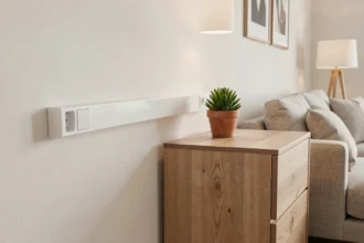 Goulotte blanche avec prise intégrée installée sur un mur de salon moderne avec meuble bois et plante décorative