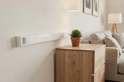 Goulotte blanche avec prise intégrée installée sur un mur de salon moderne avec meuble bois et plante décorative
