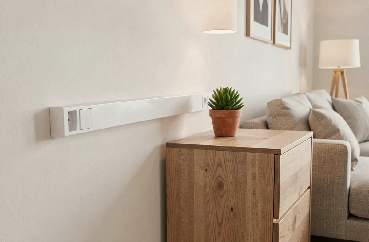 Goulotte blanche avec prise intégrée installée sur un mur de salon moderne avec meuble bois et plante décorative