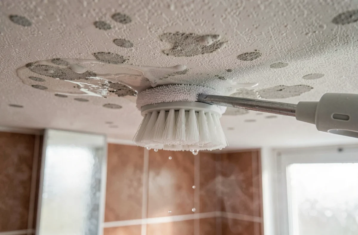 Gros plan sur une tête de balai plafond contre un plafond de salle de bain humide avec traces de moisissures