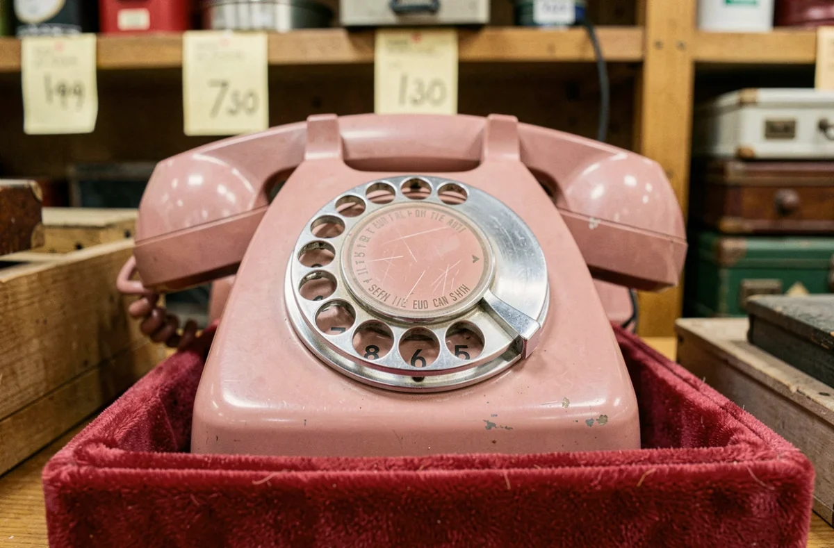Gros plan sur le cadran d'un téléphone rotatif rose vintage avec accents chromés dans un dépôt-vente