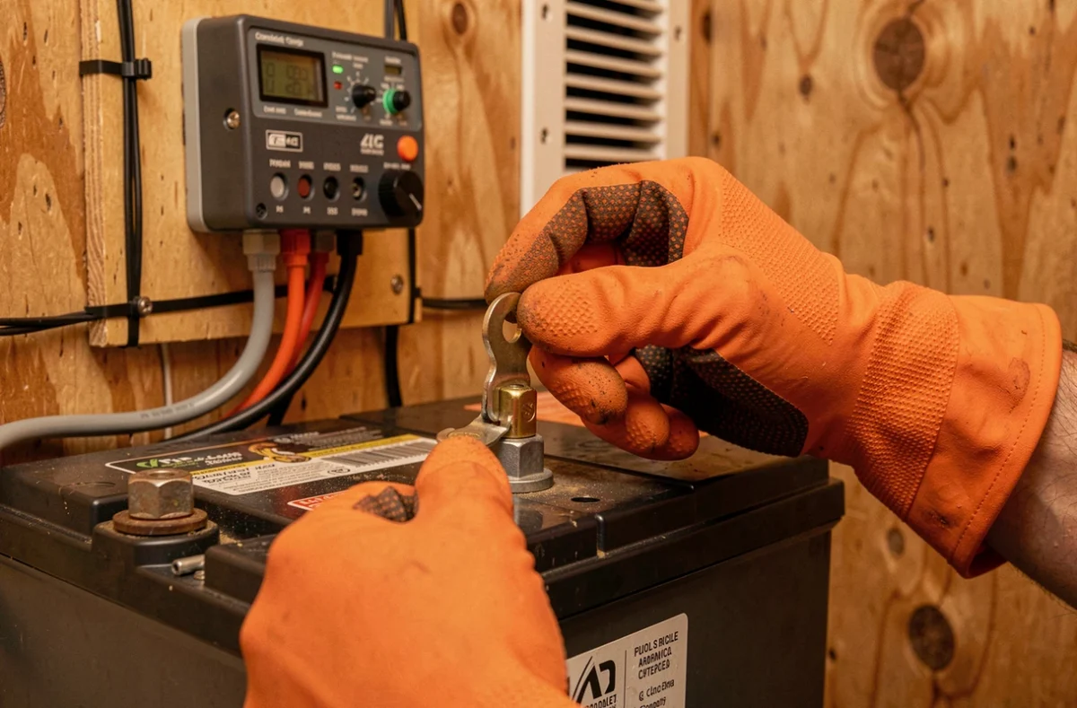 Gros plan sur la connexion d'un câble solaire sur la borne positive d'une batterie à décharge profonde avec régulateur visible
