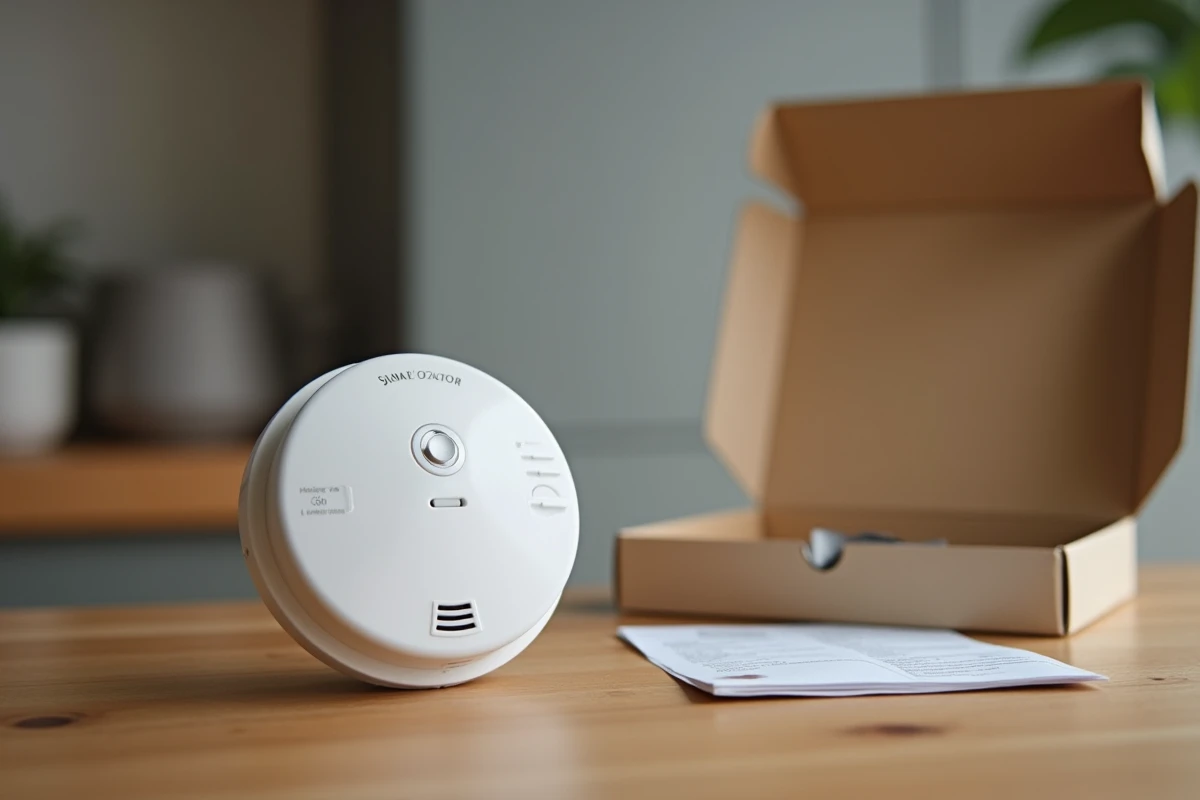 Gros plan d'un détecteur autonome Angeleye posé sur une table avec sa notice et son emballage d'origine