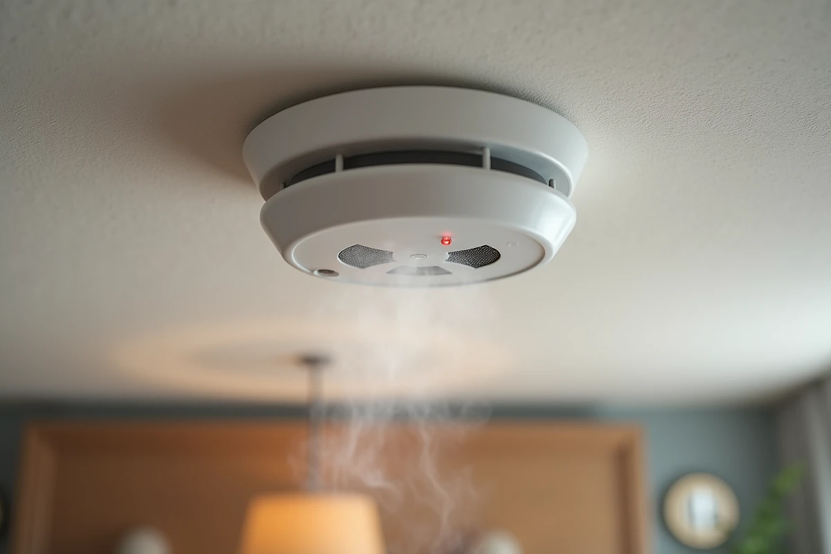 Gros plan d'un détecteur de fumée avec voyant rouge clignotant et vapeur de cuisine suggérant une fausse alarme