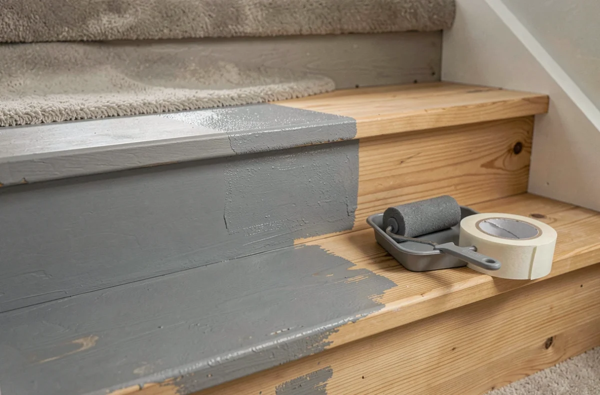 Gros plan sur des marches en bois d'escalier en cours de peinture grise, avec rouleau en mousse, bac à peinture et ruban de masquage visible