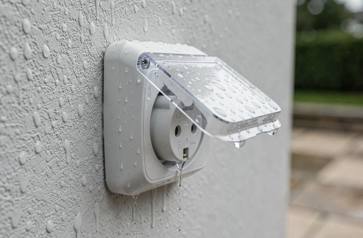 Gros plan d'un raccord étanche IP65 avec clapet pour prise de courant extérieure sous la pluie