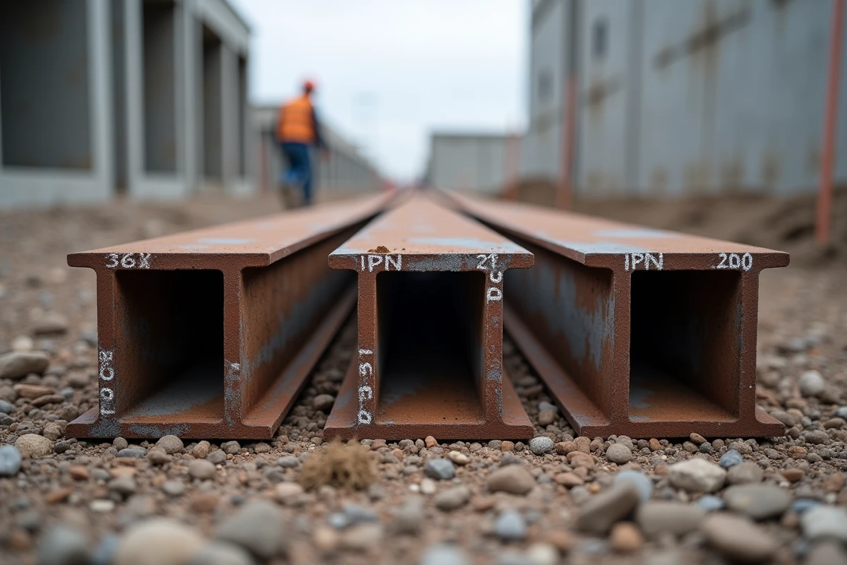 Gros plan sur différentes sections de profilés IPN en acier marquées à la craie sur un chantier de construction