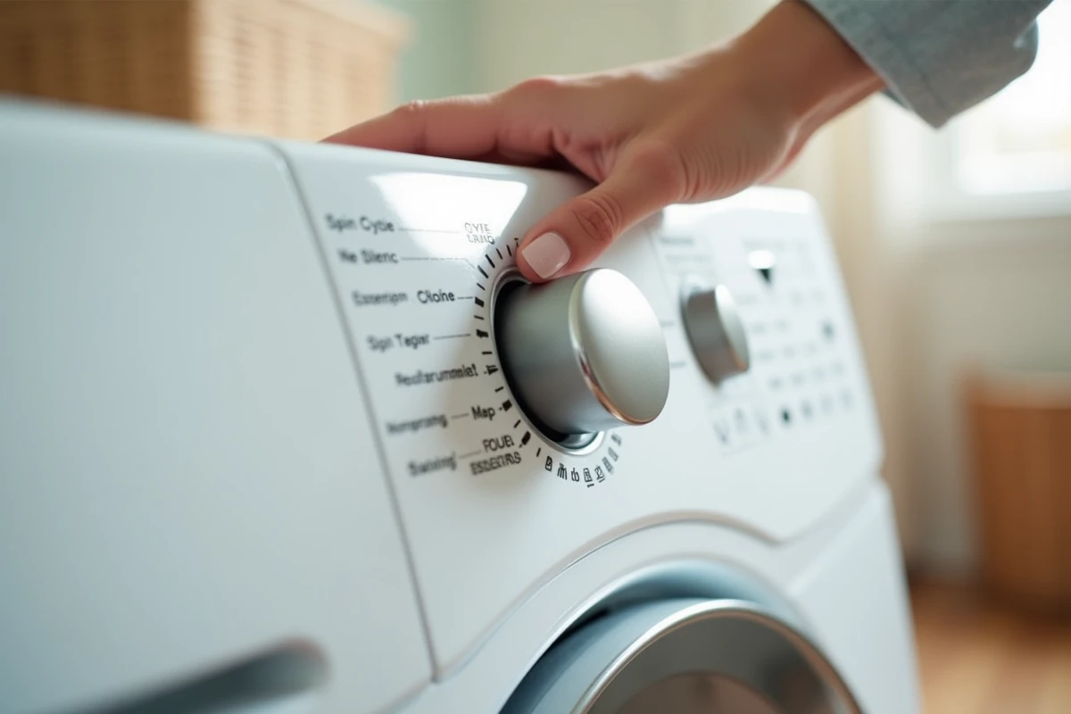 Gros plan sur le sélecteur d'essorage d'un lave-linge Valberg avec une main de femme réglant le programme