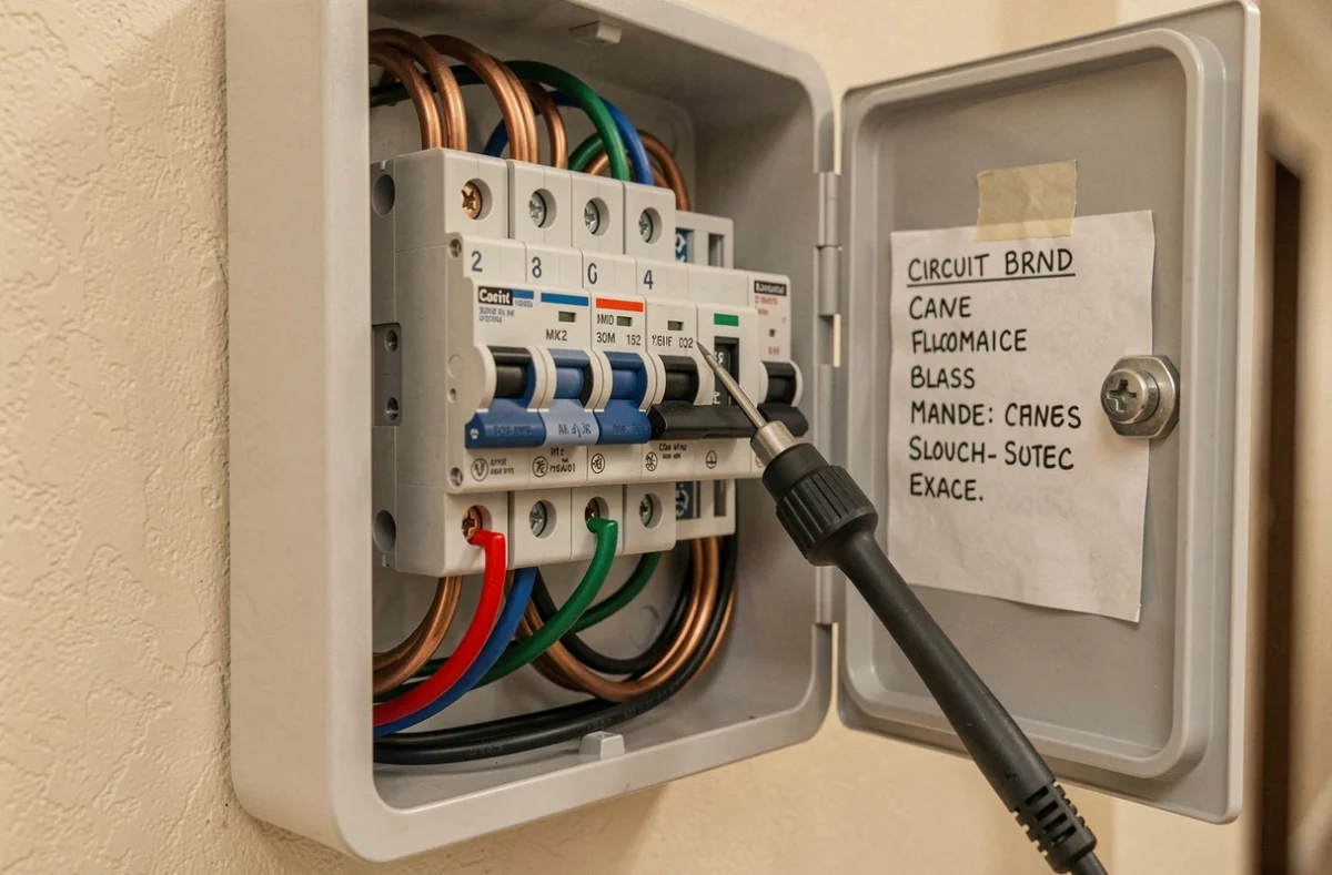Gros plan sur un tableau électrique résidentiel avec câbles colorés et disjoncteurs pour contrôle de conformité