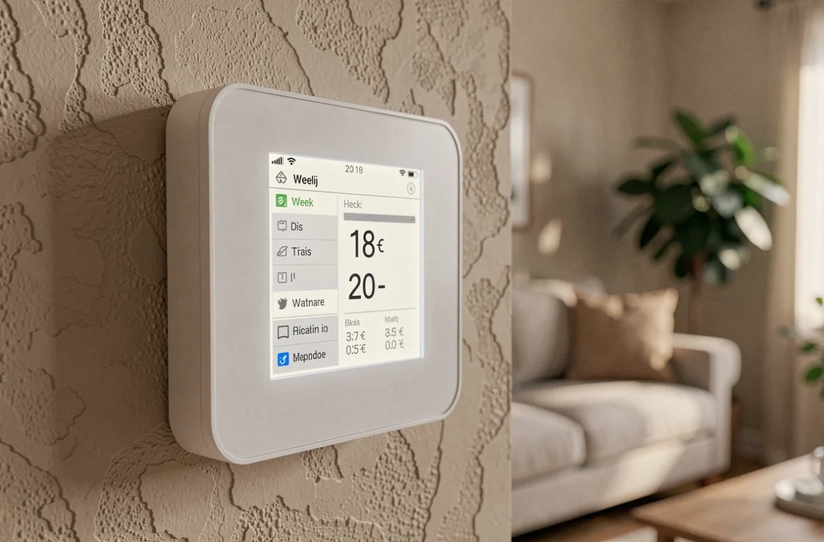 Gros plan sur un thermostat programmable à écran tactile affichant un programme de chauffage hebdomadaire pour pompe à chaleur