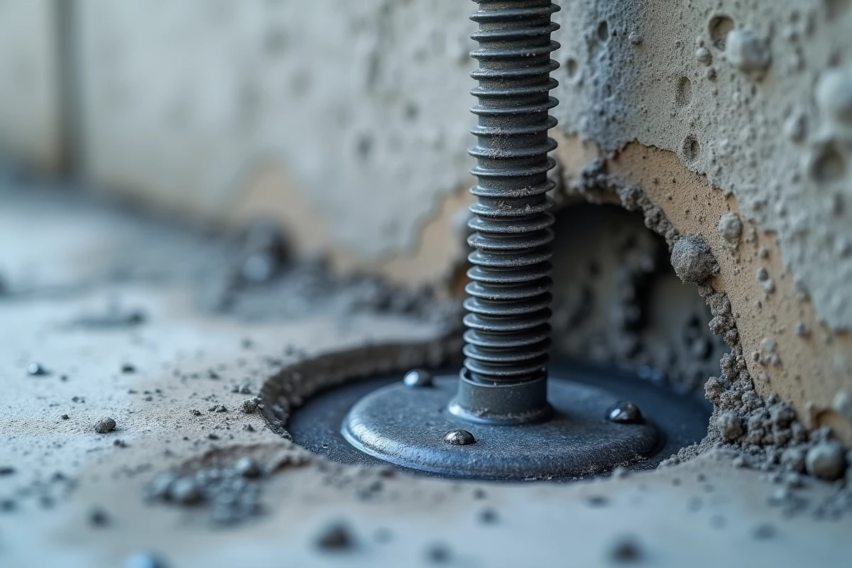 Gros plan sur une tige filetée scellée chimiquement dans un mur en béton avec résine époxy lors d'une rénovation