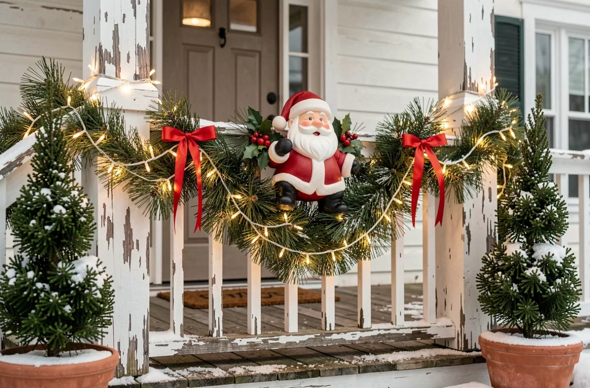 Guirlandes lumineuses et père Noël en céramique sur un porche en bois décoré pour Noël