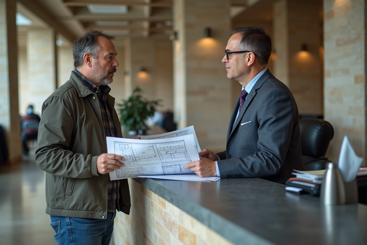 Homme d age montrant des plans à un officiel en ville