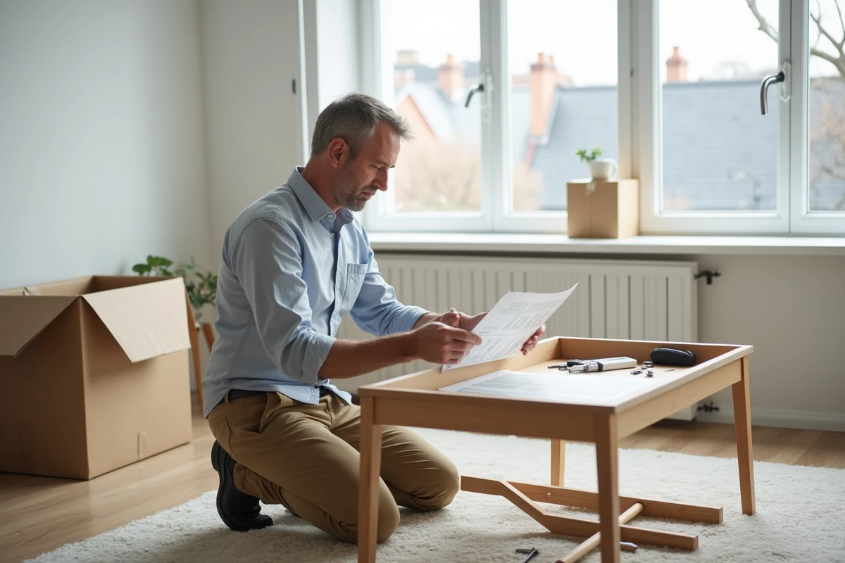 Homme assemblant une table basse dans un appartement lumineux