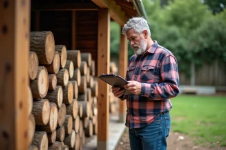 Homme d'âge moyen vérifiant des calculs près d'une pile de bois