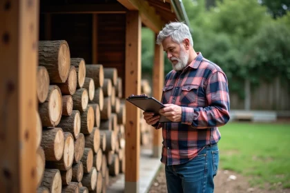 Homme d'âge moyen vérifiant des calculs près d'une pile de bois