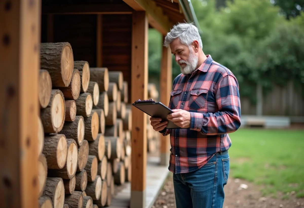 Homme d'âge moyen vérifiant des calculs près d'une pile de bois