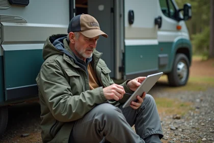 Homme en plein air examine une tablette près d’un camping