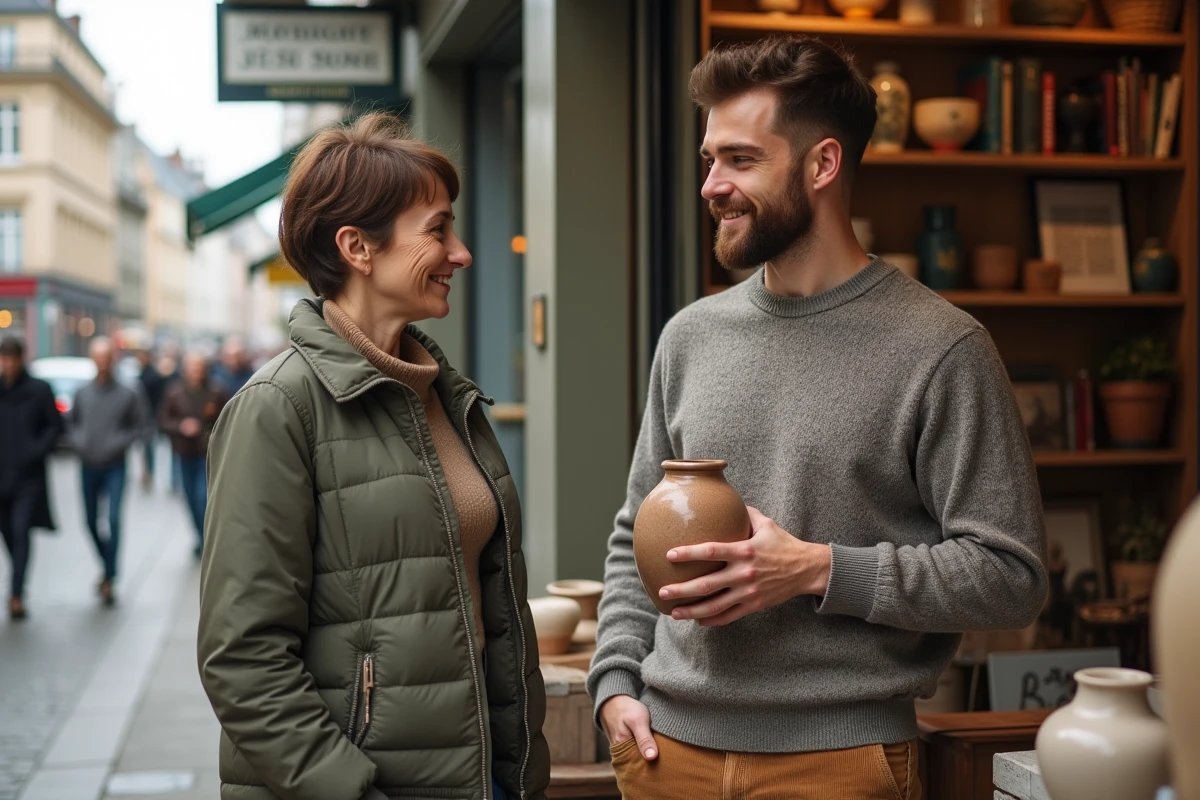 Jeune homme avec vase en dépôt vente à Caen