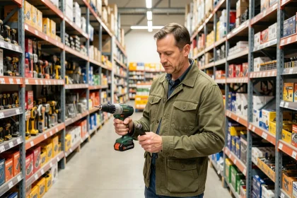 Un homme compare deux perceuses dans un magasin de bricolage pas cher, cherchant le meilleur rapport qualité-prix