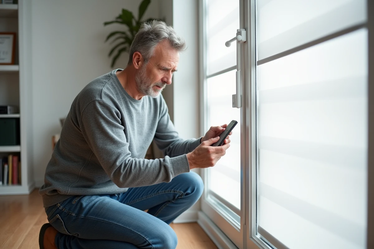 Homme d'âge moyen examine un panneau de contrôle de volet électrique dans un salon moderne