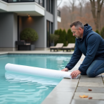 Homme d'âge moyen déployant une couverture automatique pour piscine en automne