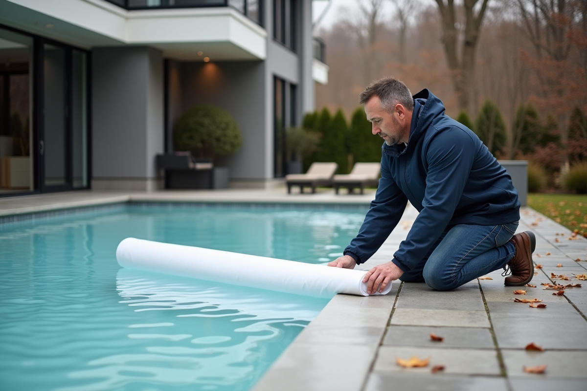 Homme d'âge moyen déployant une couverture automatique pour piscine en automne