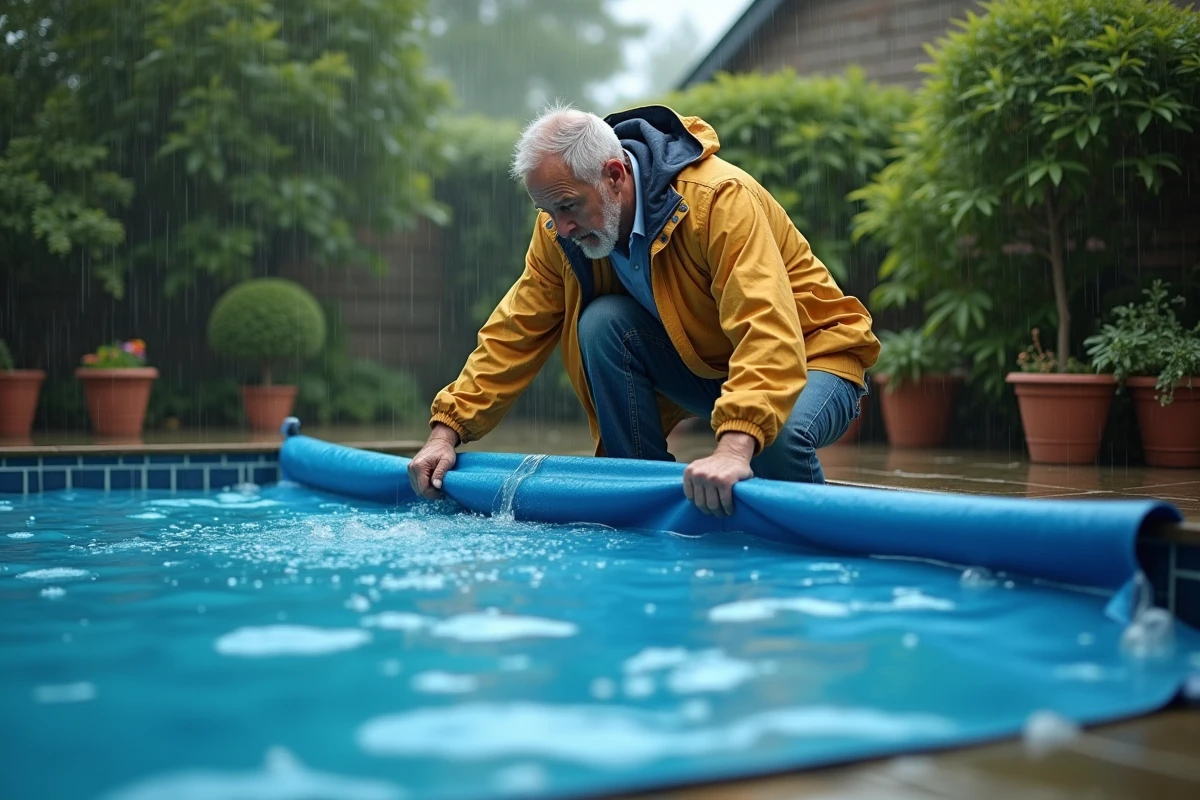 Homme en veste imperméable couvre une piscine sous la pluie