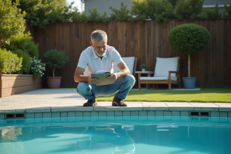 Homme d'âge moyen étudie un document immobilier près de la piscine