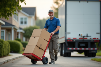 Homme en mouvement guidant un chariot à la maison