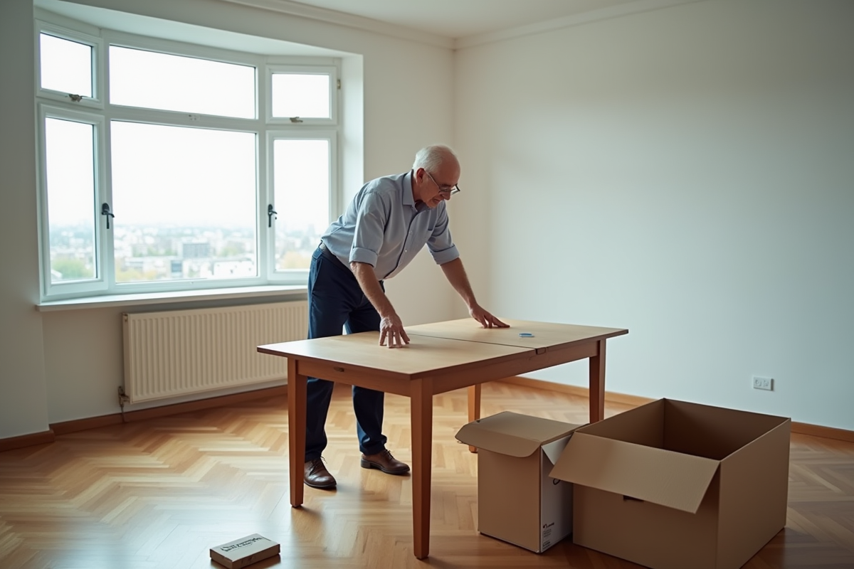 Homme démontant une table dans un appartement vide