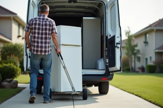 Homme déplaçant un réfrigérateur vers une camionnette blanche
