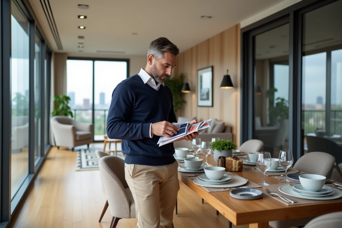 Homme examinant une table à manger avec échantillons et brochures