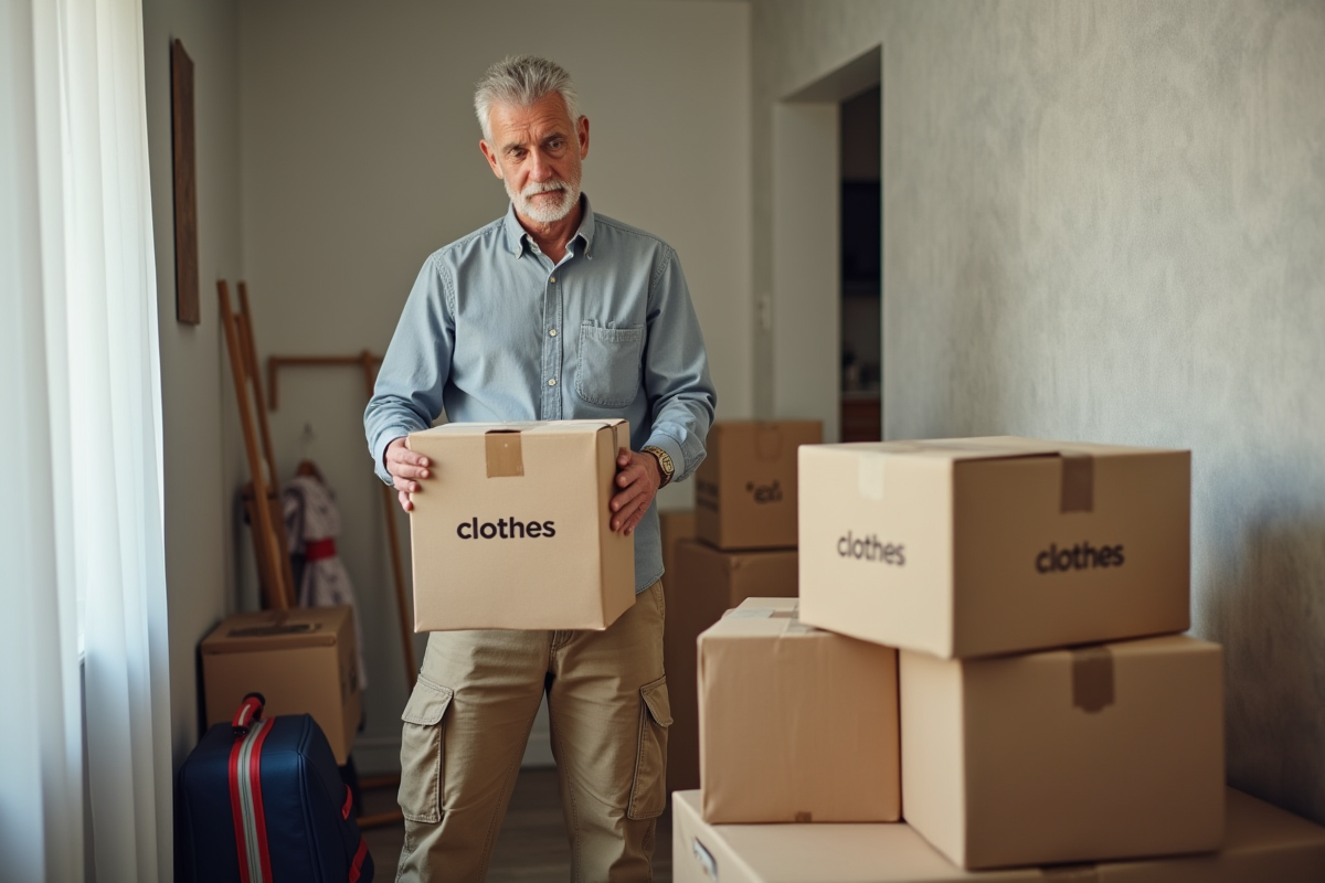 Homme ferme des cartons de déménagement dans un couloir lumineux