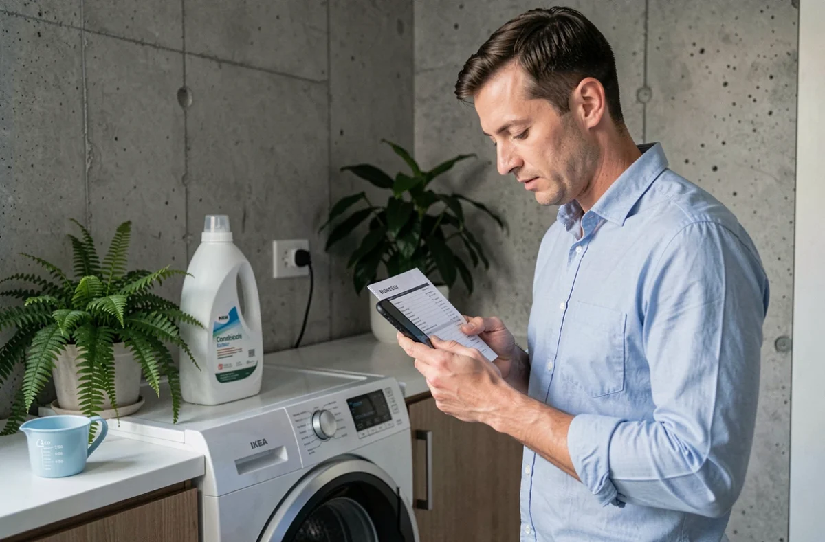 Homme consultant sa facture d'électricité sur smartphone devant un lave-linge avec une lessive liquide économique