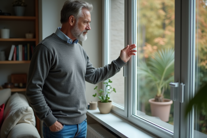 Homme examine une fenetre double vitrage dans un salon lumineux