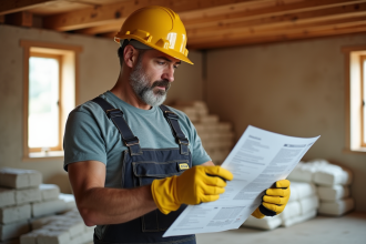 Homme en combinaison isolant dans un grenier en rénovation