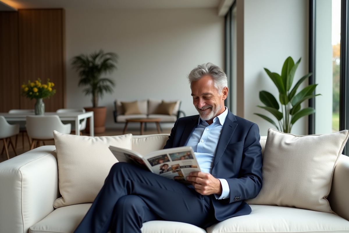 Homme en costume lisant un magazine dans un salon moderne