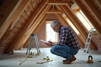 Homme mesurant un grenier avec un carnet et crayon