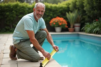 Homme mesurant une petite piscine dans un jardin