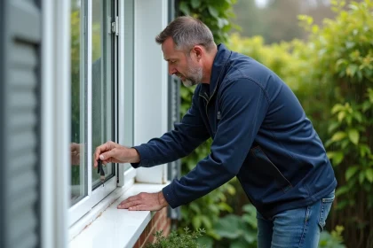 Homme nettoyant un cadre de fenetre pvc blanc avec une spatule