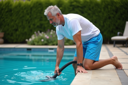 Homme en maillot bleu nettoie la piscine extérieure