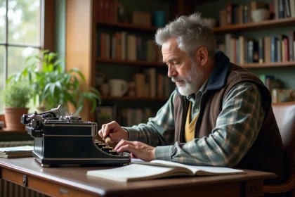 Homme d'âge moyen nettoyant une machine à écrire classique