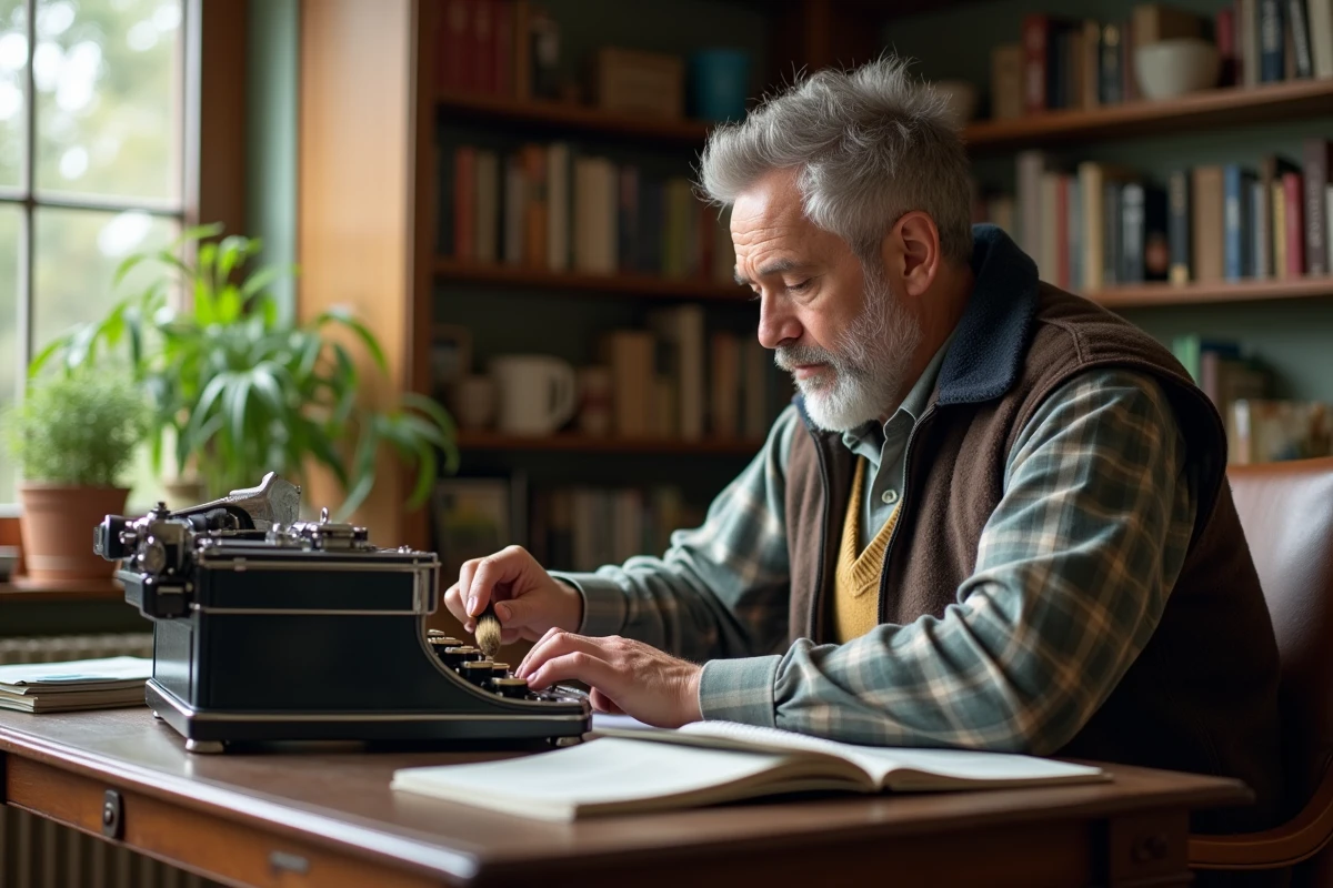 Homme d'âge moyen nettoyant une machine à écrire classique