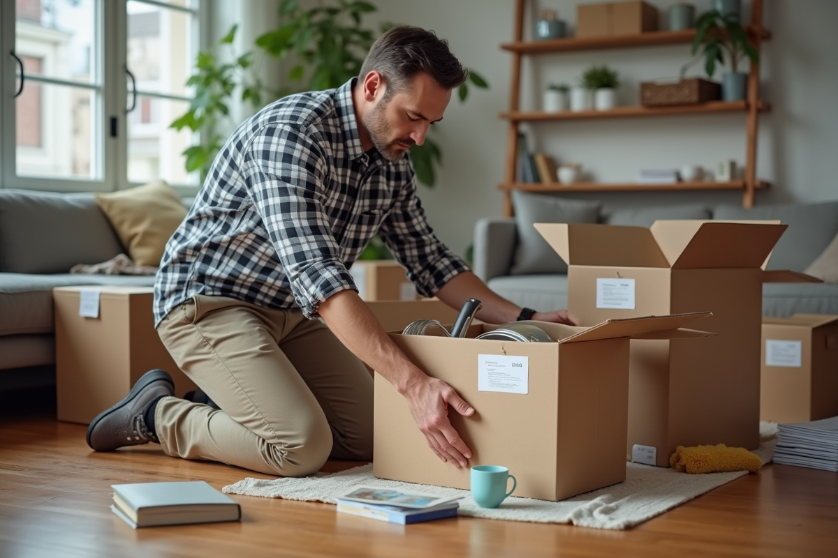 Homme organisant des objets dans des cartons lors d