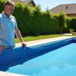 Homme d'âge moyen retire une couverture solaire de piscine extérieure
