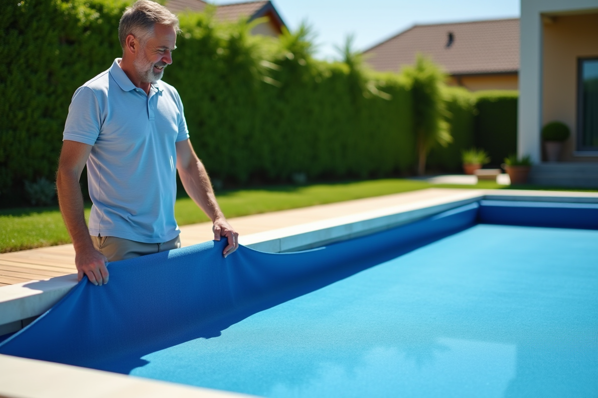 Homme d'âge moyen retire une couverture solaire de piscine extérieure